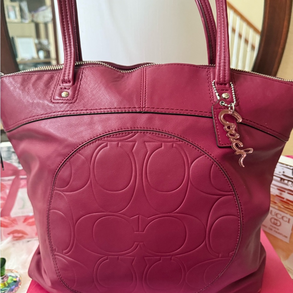 Y2K Coach Maroon Leather Shoulder Tote Bag.